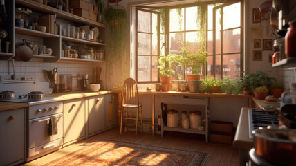 Stylish kitchen interior with morning light in large window, retro design. Cozy scandi style kitchen background. Created with Generative AI
