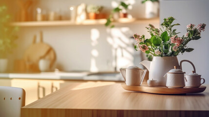 Kitchen wooden table top with breakfast at morning time. Scandinavian style vintage kitchen interior. Created with Generative AI