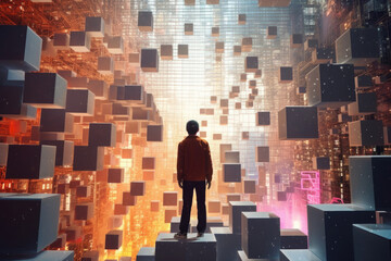 Person walking in digital world. Human silhouette lost in futuristic cyberspace made of colorful cubes. Digital addiction. Created with Generative AI