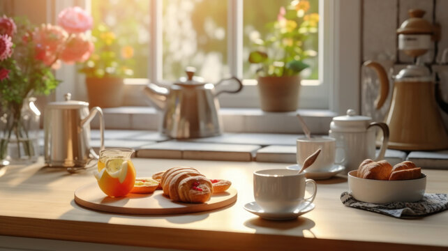Kitchen wooden table top with breakfast at morning time. Scandinavian style vintage kitchen interior. Created with Generative AI