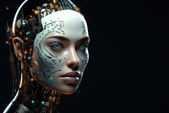 Female android face on dark background. Artificial intelligence concept. Futuristic robot head with technology neural system. Created with Generative AI