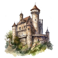 Fototapeta na wymiar Medieval Castle Fortress Clipart, Detailed Watercolor Motif, PNG Transparent, Generative AI