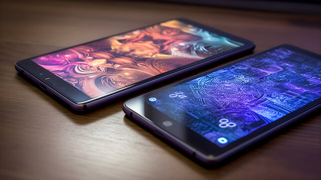Two smartphones on a wooden table. Concept of technology, communication, social networks and smartphone. Generative ai.