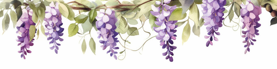 Watercolor wisteria border, clipart.  AI generative