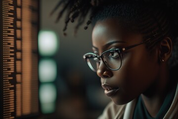 Schwarze Frau mit Brille beim Programmieren. Code am Computer-Bildschirm lesen.