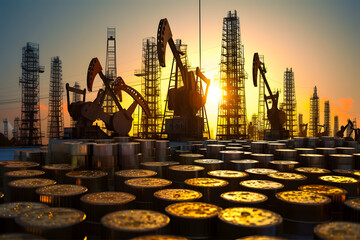 Stacks of gold coins against the background of oil pumping rigs. Generative AI.
