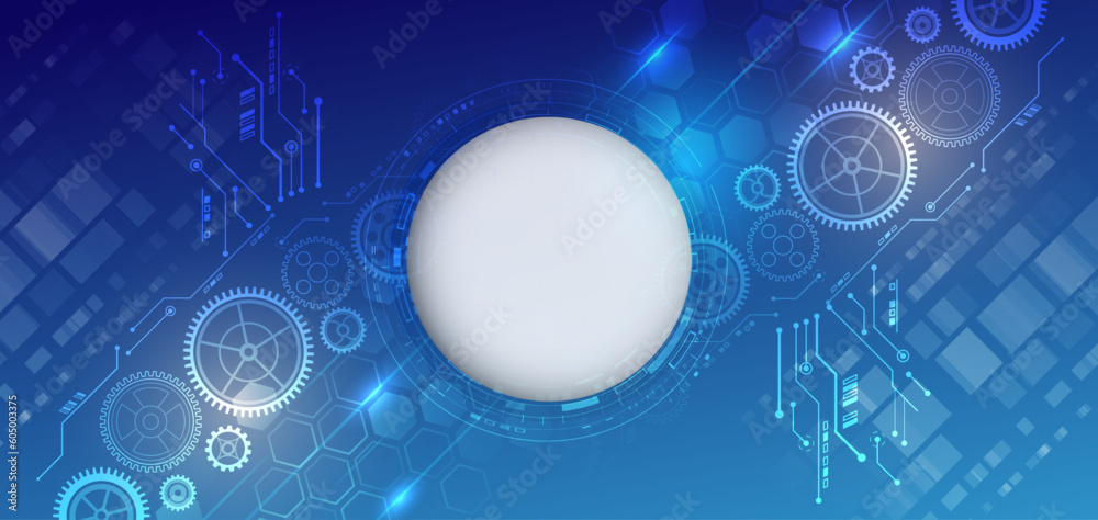 Poster Cogwheel for science experiment presentation. Futuristic high tech concept. Business and industry internet banner. The mechanism consisting of gears on a blue background for the presentation.