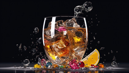 Abstract Image of a Cold Beverage Splashing in a Glass with Ice Cubes and Fruit Pieces - Generative Ai