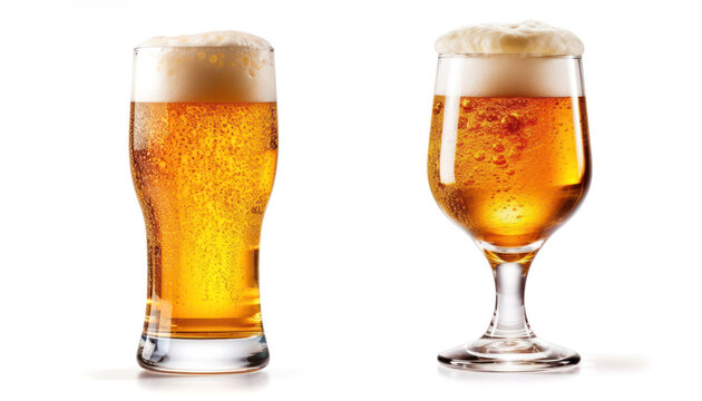 Two Different Glasses of Cold Beer with Froth on White Background - Generative Ai