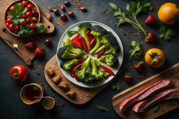 Fototapeta na wymiar Healthy eating concept. Fresh vegetables broccoli, cherry tomatoes, red bell pepper, parsley and ham on a dark background. generative ai