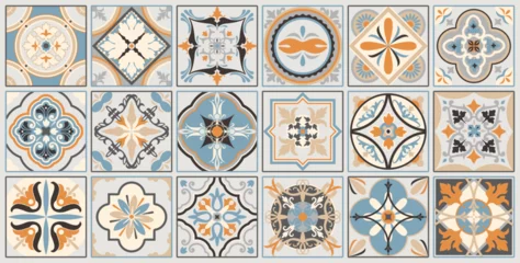 Gordijnen Talavera pattern. Indian patchwork. Azulejos Portugal. Turkish ornament. Moroccan tile mosaic. Ceramic tableware, folk print. Spanish pottery. Ethnic background. Mediterranean seamless wallpaper. © andrei