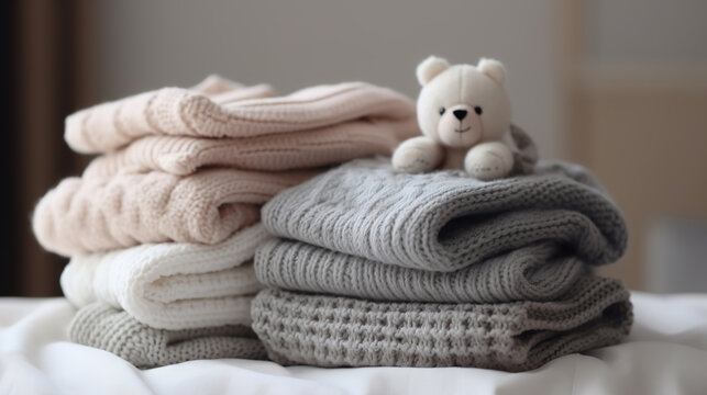 A stack of children's pastel-colored knitted things close-up on a light background. AI generation