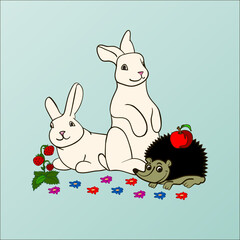 Vector illustration, forest animals, rabbits, hedgehog.