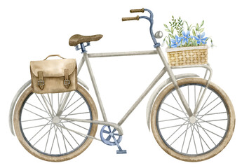 Fototapeta na wymiar Urban Bicycle with basket of blue Flowers and leathery bag. Hand drawn watercolor illustration of old retro city transport on white isolated background. Drawing of vintage cycle for travel in a town.
