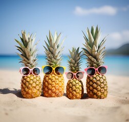 Family of funny attractive pineapples in stylish sunglasses on the sand against turquoise sea. Tropical summer vacation concept. Happy sunny day on the beach of tropical island. Family holiday  