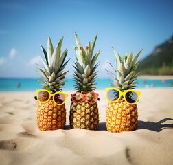 Family of funny attractive pineapples in stylish sunglasses on the sand against turquoise sea. Tropical summer vacation concept. Happy sunny day on the beach of tropical island. Family holiday  