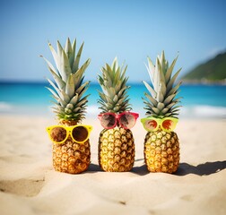 Family of funny attractive pineapples in stylish sunglasses on the sand against turquoise sea. Tropical summer vacation concept. Happy sunny day on the beach of tropical island. Family holiday  ,Gener