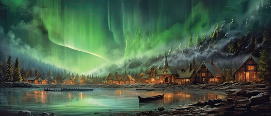 viking village by water, generative ai illustration