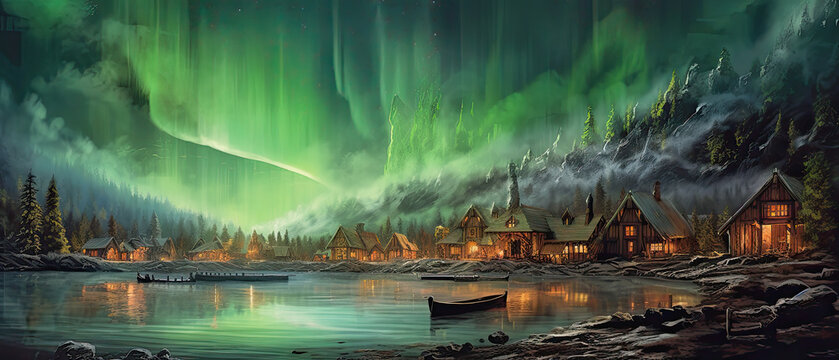 viking village by water, generative ai illustration