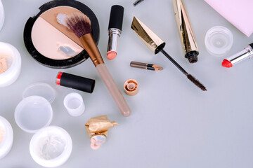 Waste beauty cosmetics products. Sorting and disposal of packaging. Used cosmetics. top view....