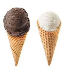 chocolate and vanilla ice cream with cone isolated on white