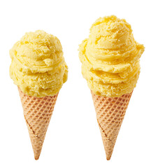 Mango ice cream scoop with cone isolated on white background