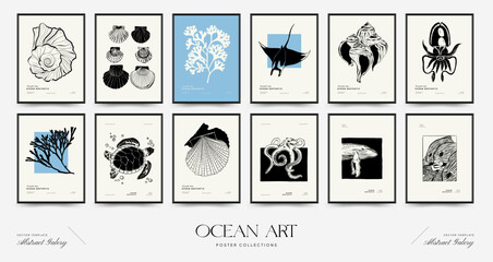 Abstract ocean and sea posters template. Modern sea Botanical trendy black style. Vintage seaweed, fish, shell. Ink wall  art.