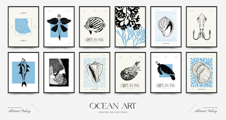 Fototapeta na wymiar Abstract ocean and sea posters template. Modern sea Botanical trendy black style. Vintage seaweed, fish, shell. Ink wall art.
