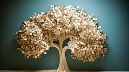 Artistic composition of recycled paper art arranged in tree or plant shape. Generative ai