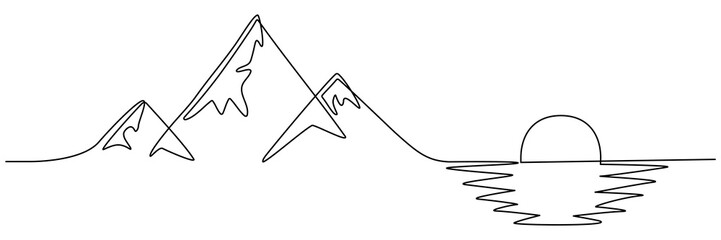 Mountain with sun on sea continuous one line drawn. Mountains sunset linear concept. Vector illustration isolated on white.