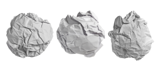 Set white crumpled paper ball isolated on white background, clipping path