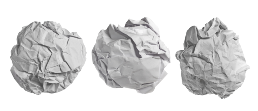 Set white crumpled paper ball isolated on white background, clipping path