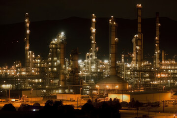 Fototapeta premium Oil refinery at night, AI Generated, environmental protection
