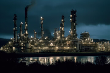 Obraz na płótnie Canvas Oil refinery at night, AI Generated, environmental protection