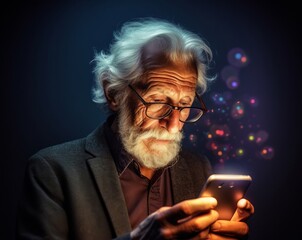 A  old  man with a white beard is using a phone in the dark.