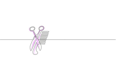 Scissors and comb vector one line creative illustration.