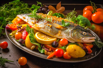 Grilled fish with vegetables served on plate. Restaurant food. Delicious food. Generative AI