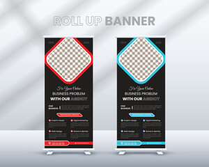 Professional roll up banner stand template design, pink and purple color banner layout, advertisement, pull up, geometric background, display, x-banner, flag-banner vector illustration