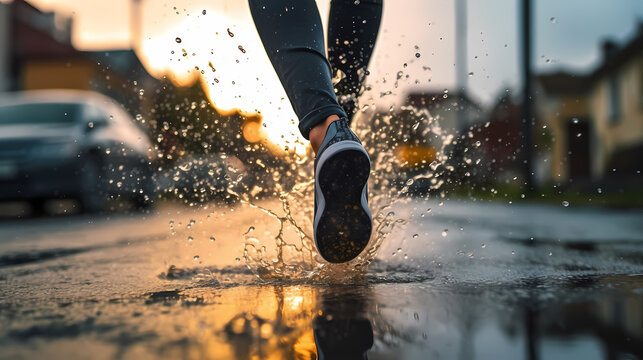 detail of feet of a woman with sports shoes jogging through the puddles of a previous rain at sunrise