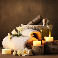 Fototapeta na wymiar Spa still life with candles, towels and flowers on wooden background. Beauty treatment concept. Body care Still life. AI generated content.