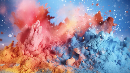 Obraz na płótnie Canvas Colorful splashes of cosmetic powder on a blue background, abstract background. Explosion multicolored powder for shadows is on a blue background, close-up. AI generated content