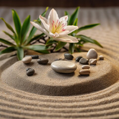 Obraz na płótnie Canvas Spa zen composition with stones and flower on yellow sand, shallow depth focus. Spa stones and lily flower on sand with creative design. Beauty treatments. Health care spa contact. AI generated.