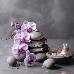 Spa still life, Spa zen composition with  orchid flowers, stones and candles on grey background.  Health care spa contact. AI generated. - obrazy, fototapety, plakaty