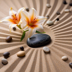 Naklejka na ściany i meble Spa zen composition with stones and flower on yellow sand, shallow depth focus. Spa stones and lily flower on sand with creative design. Beauty treatments. Health care spa contact. AI generated.