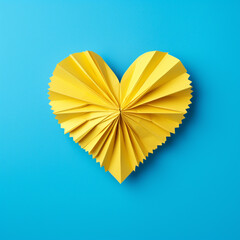 Yellow Paper origami heart on blue background. Love concept. Paper heart made of paper with a beautiful pattern. AI generated illustration.