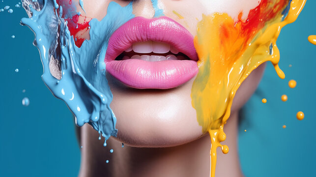 Beautiful woman face with bright pink lips and colorful paint splashes. Jets of colored water break on a woman's face. Multicolored liquid on a female face. Fashion concept. AI generated content.