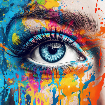 Close up of beautiful female eye with abstract colorful make-up. Multicolored creative makeup. Fashion face art, close up. Make-up of watercolor paint flowing down the skin. AI generated content.