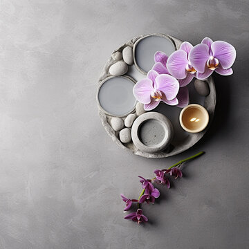 Spa still life, Spa zen composition with  orchid flowers, stones and candles on grey background.  Health care spa contact. AI generated.