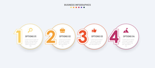 Timeline infographic with infochart. Modern presentation template with 4 spets for business process. Website template on white background for concept modern design. Horizontal layout.