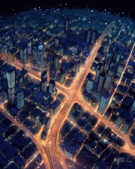 City skyline glimmers under moonlight and car lights. Generative AI